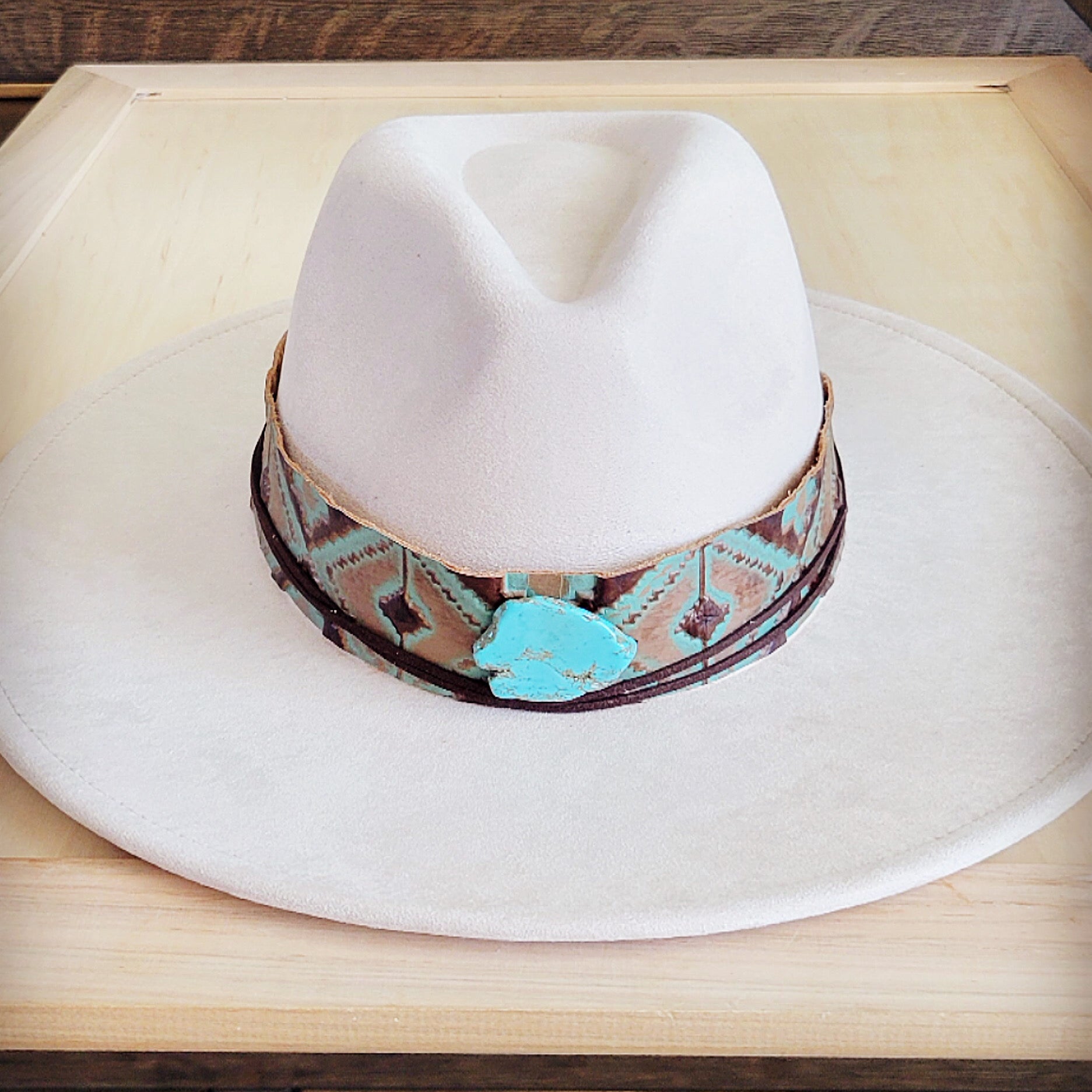 Wide Genuine Leather Turquoise Navajo Hat Band w/ Turq 953i