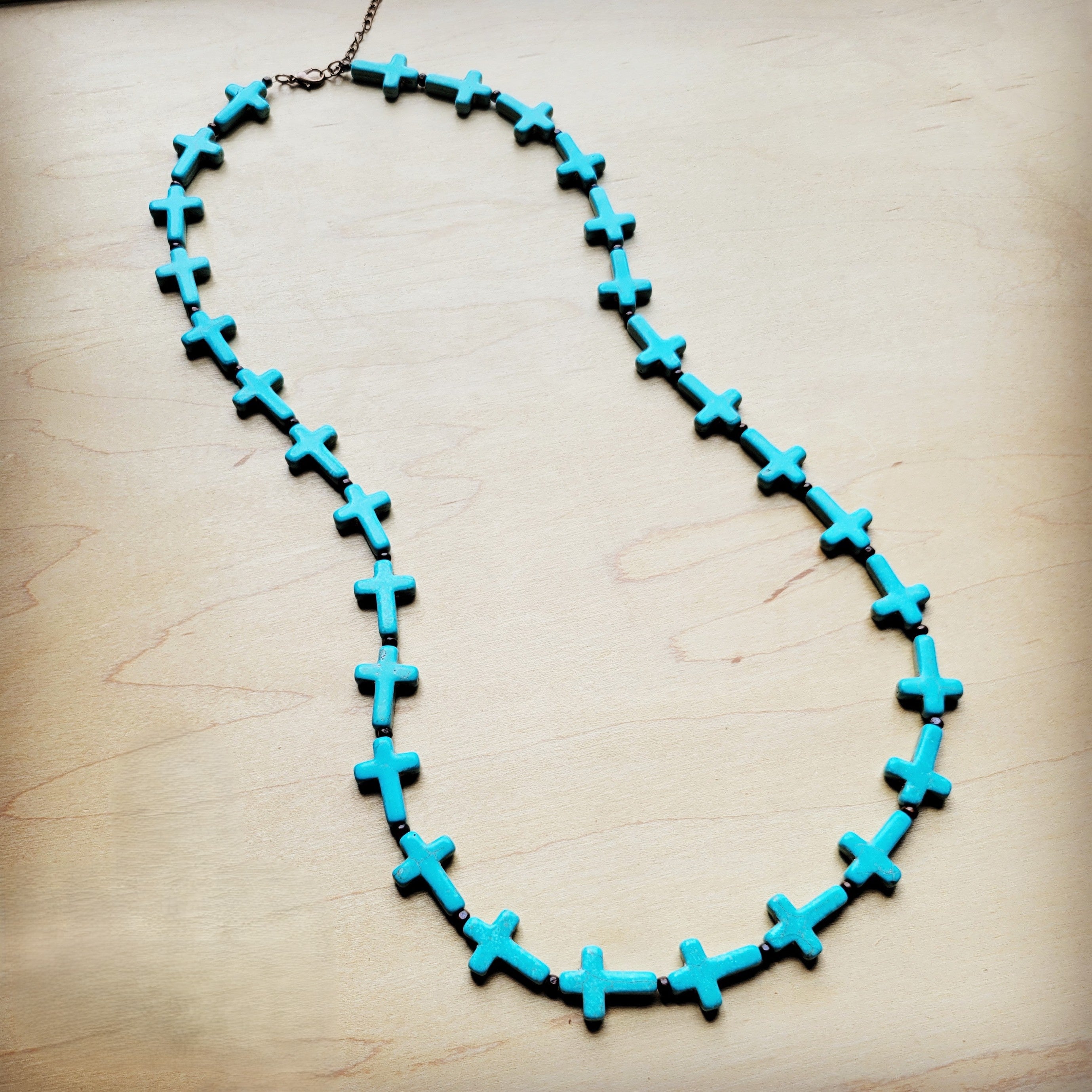 **Blue Turquoise & Wood Beaded Cross Necklace 258n
