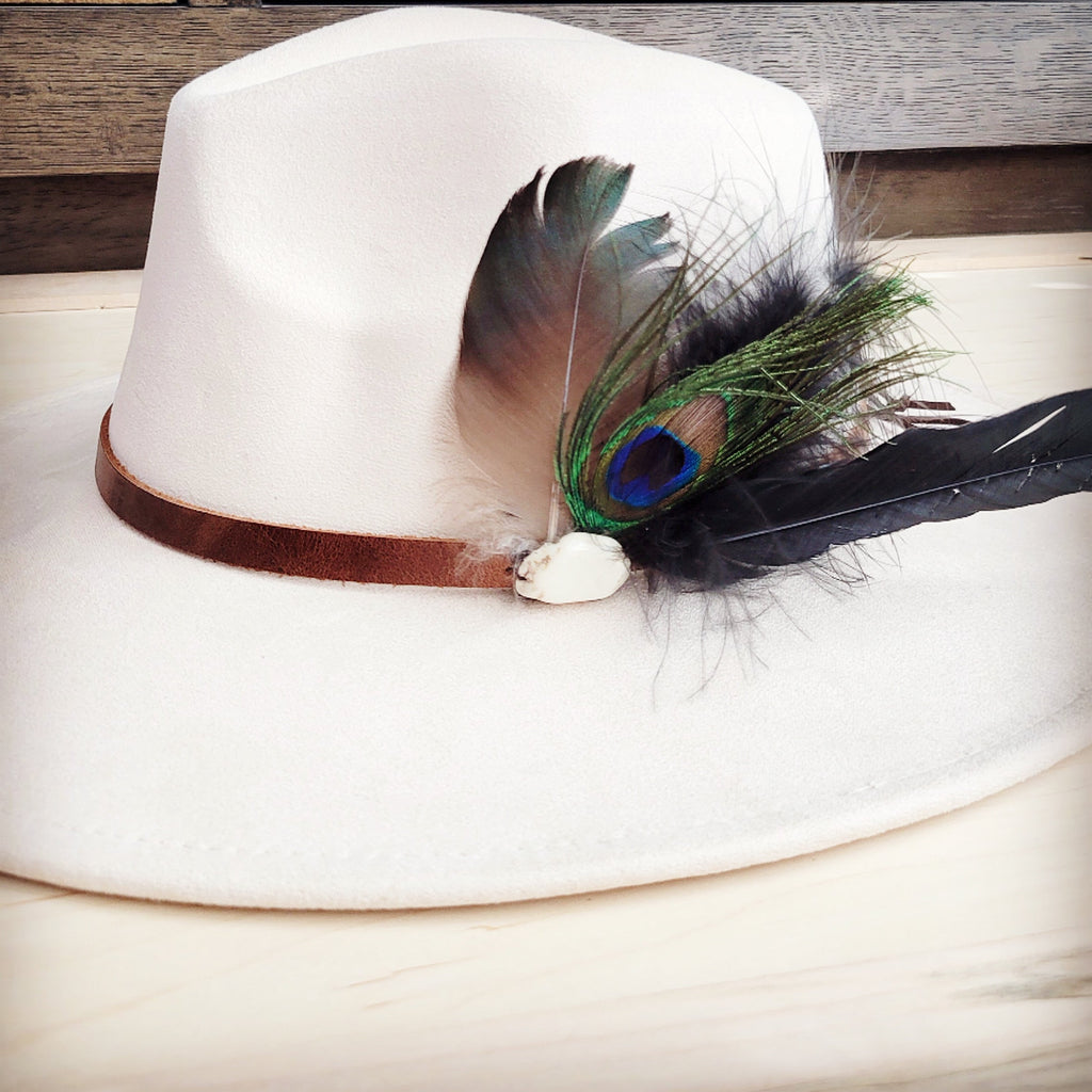 Genuine Leather Tan Hat Band w/ Peacock & Spotted Feathers 953c