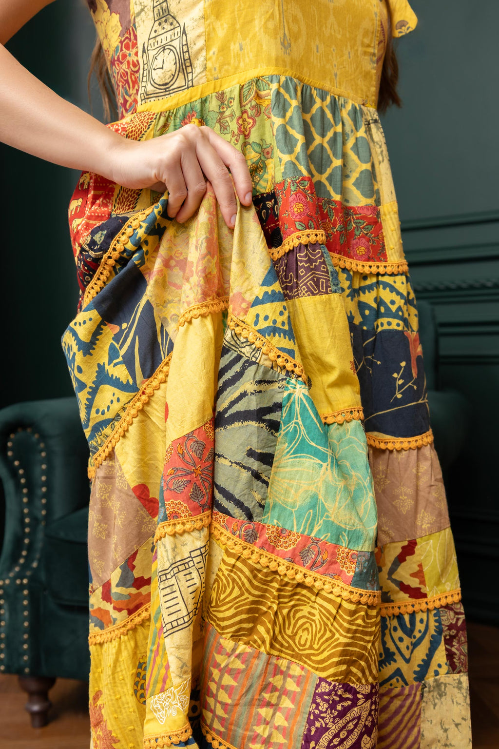 Savannah's Serendipity Patchwork Dress In Yellow