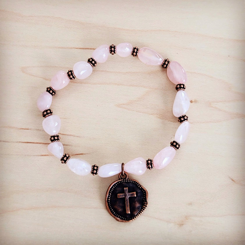 **Rose Quartz Beaded Stretch Bracelet w/ Copper Cross Charm 811v