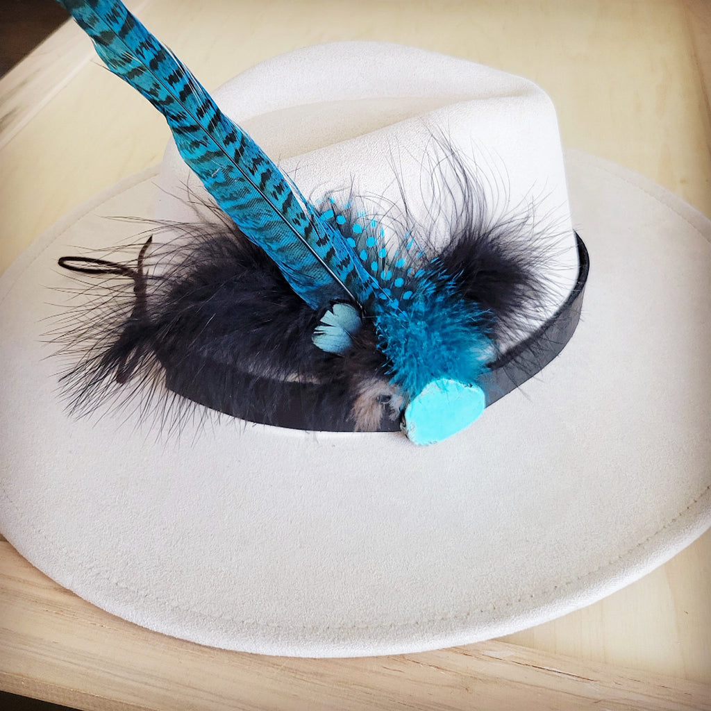 Genuine Leather Black Hat Band w/ Turquoise Feathers 953g