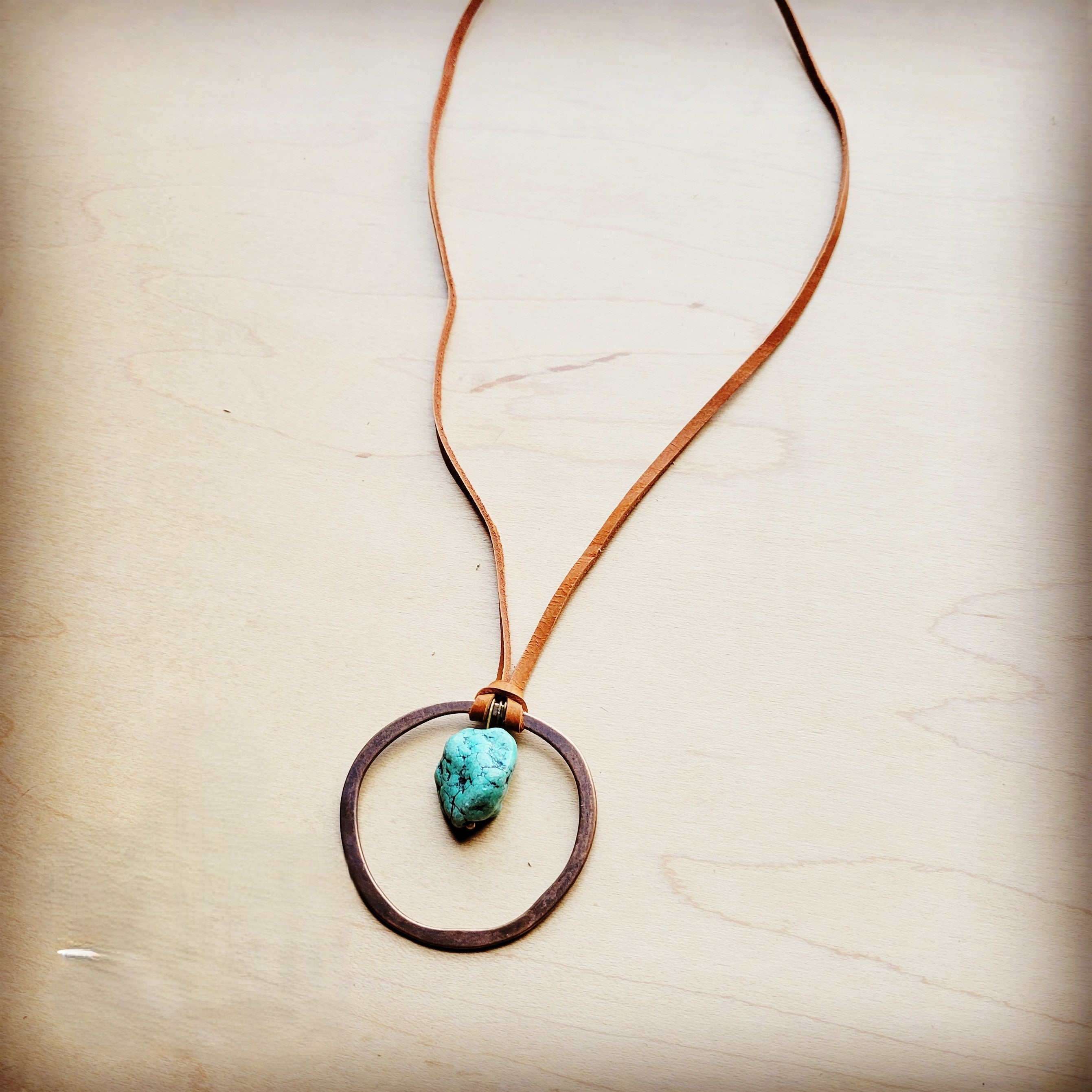 Leather Cord Necklace Antique Gold Hoop & Natural Turquoise  254v