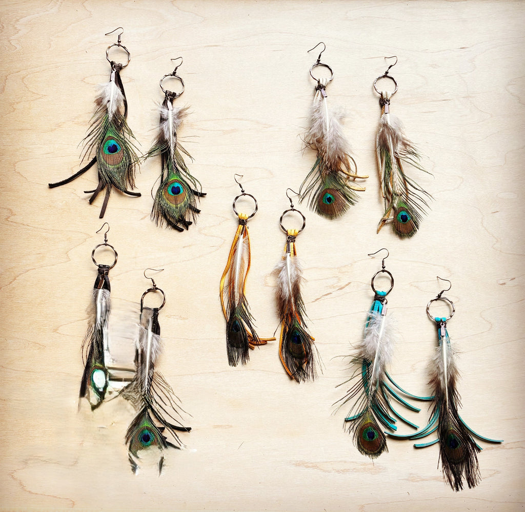 Brown Deer Skin Leather Tassel Earring Peacock Feather 219h