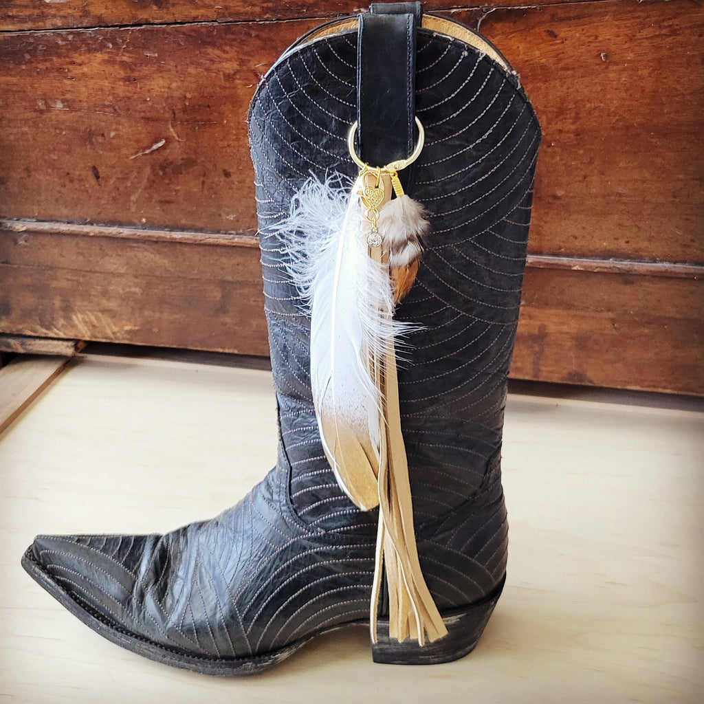 Boho Western Leather Boot Bling Charm Gold White Feather 500r