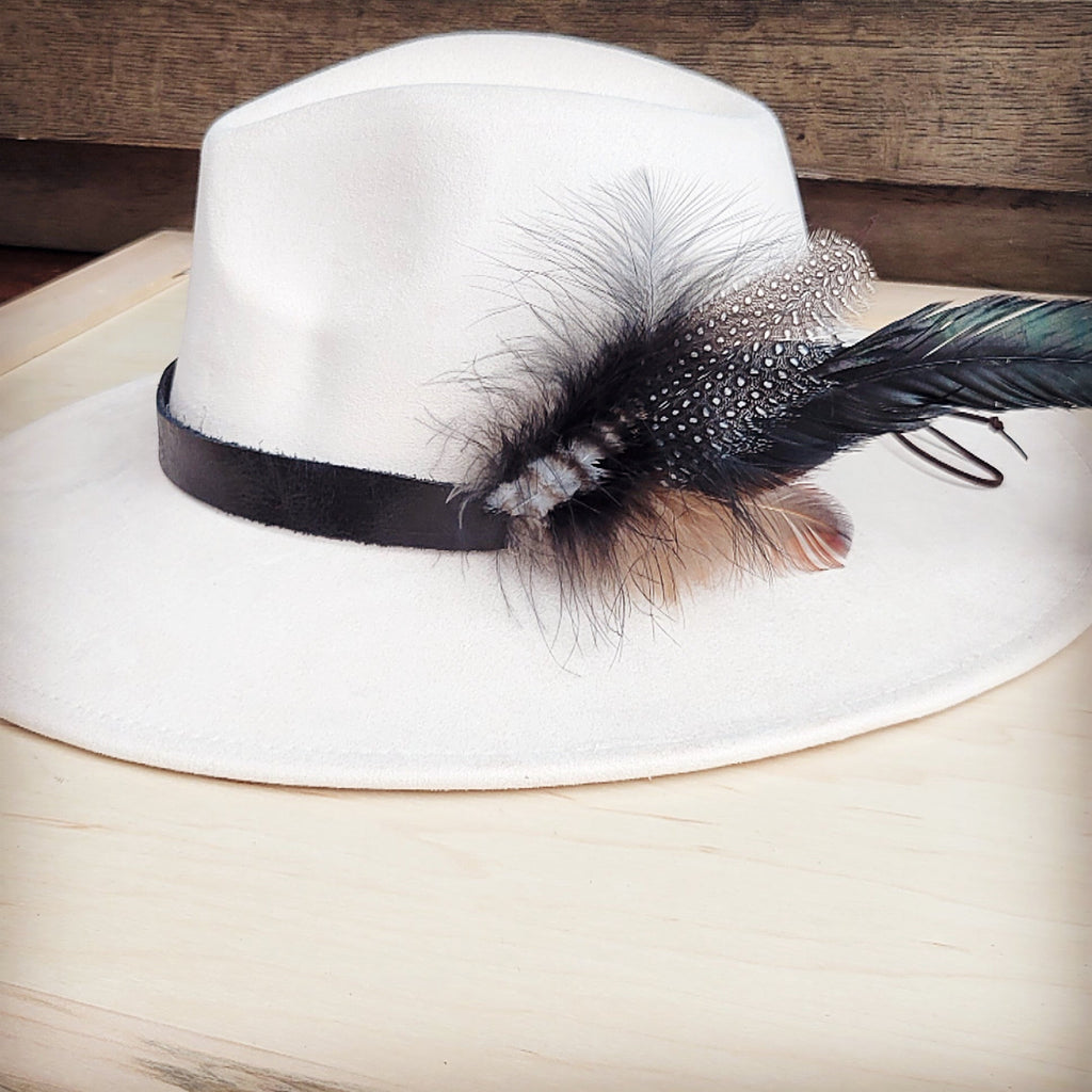 Genuine Leather Black Hat Band w/ Spotted & Marabou Feathers 953d