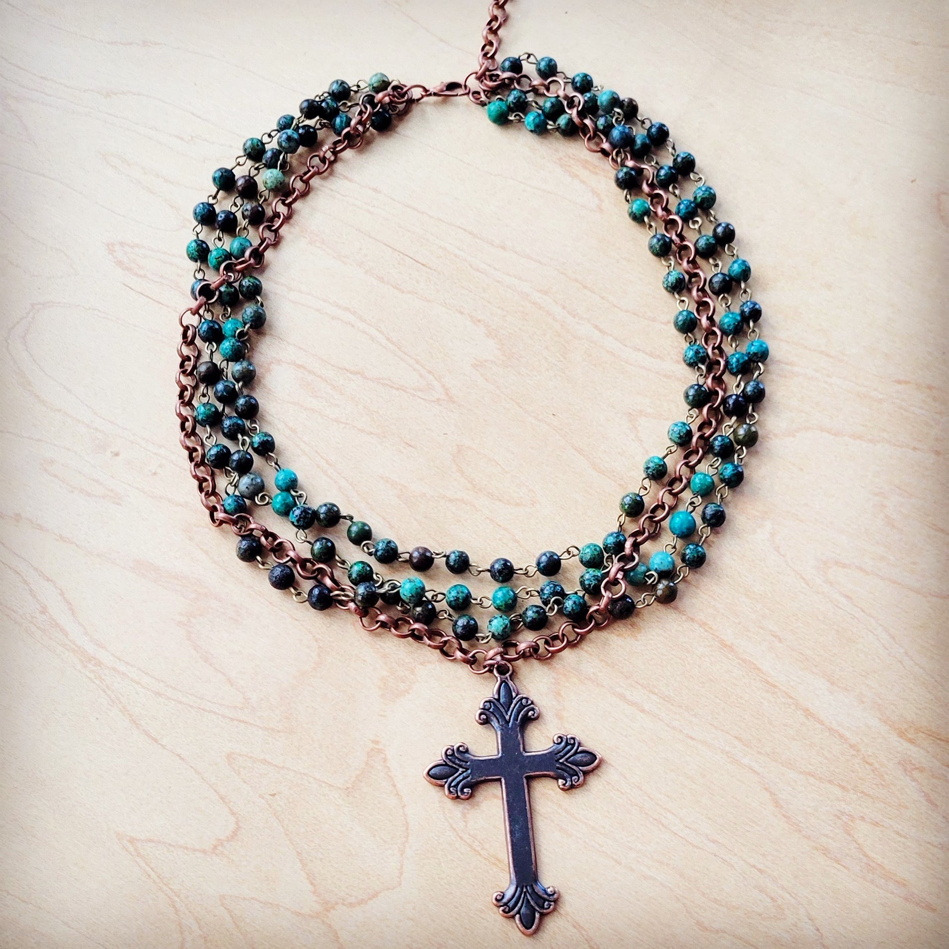 African Turquoise Beaded Collar Necklace w/ Cross Pendant 261c