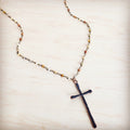 Genuine Natural Agate Long Beaded Necklace with Antique Copper Cross 262z