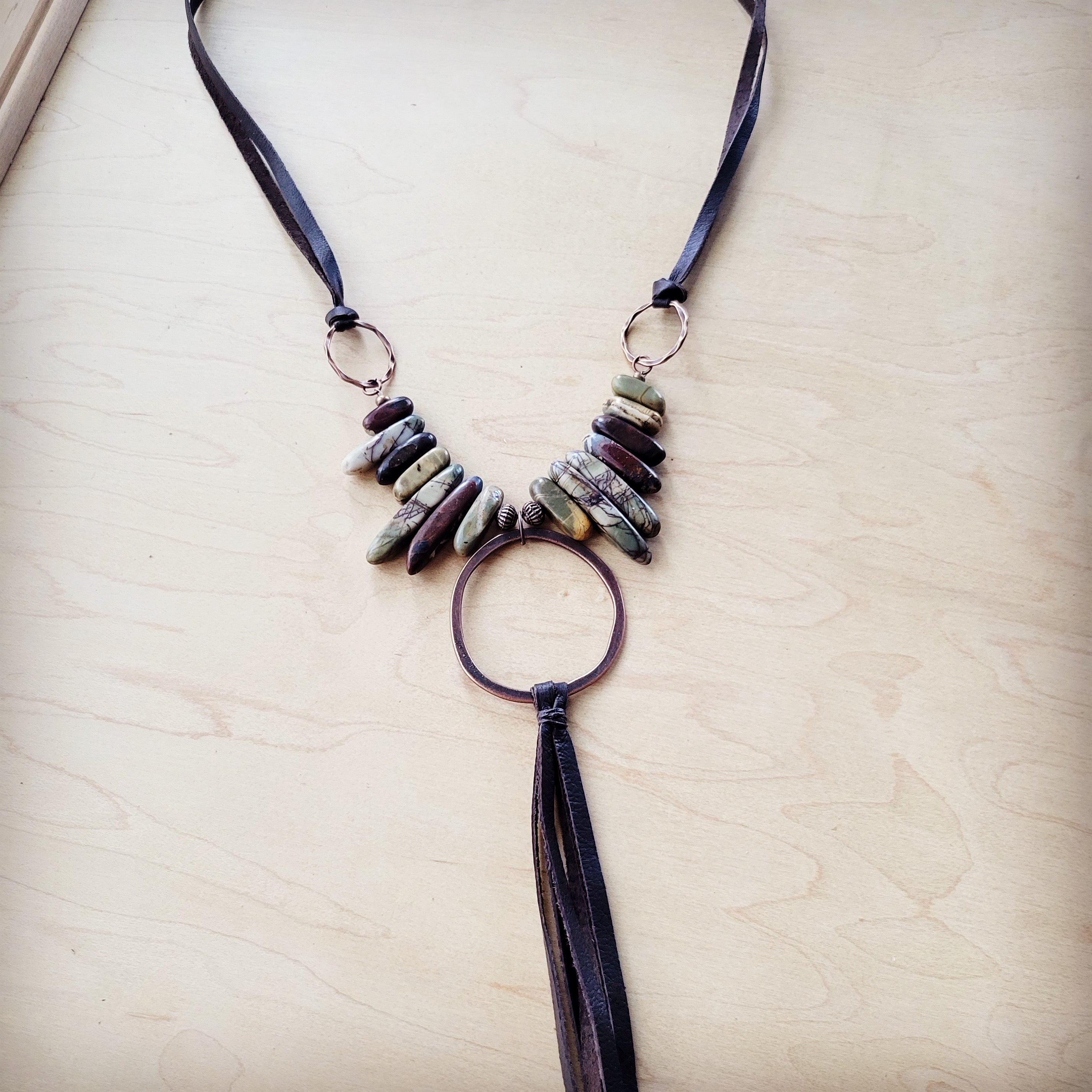 Picasso Jasper Necklace w/ Copper Hoop & Leather Tassel 261e