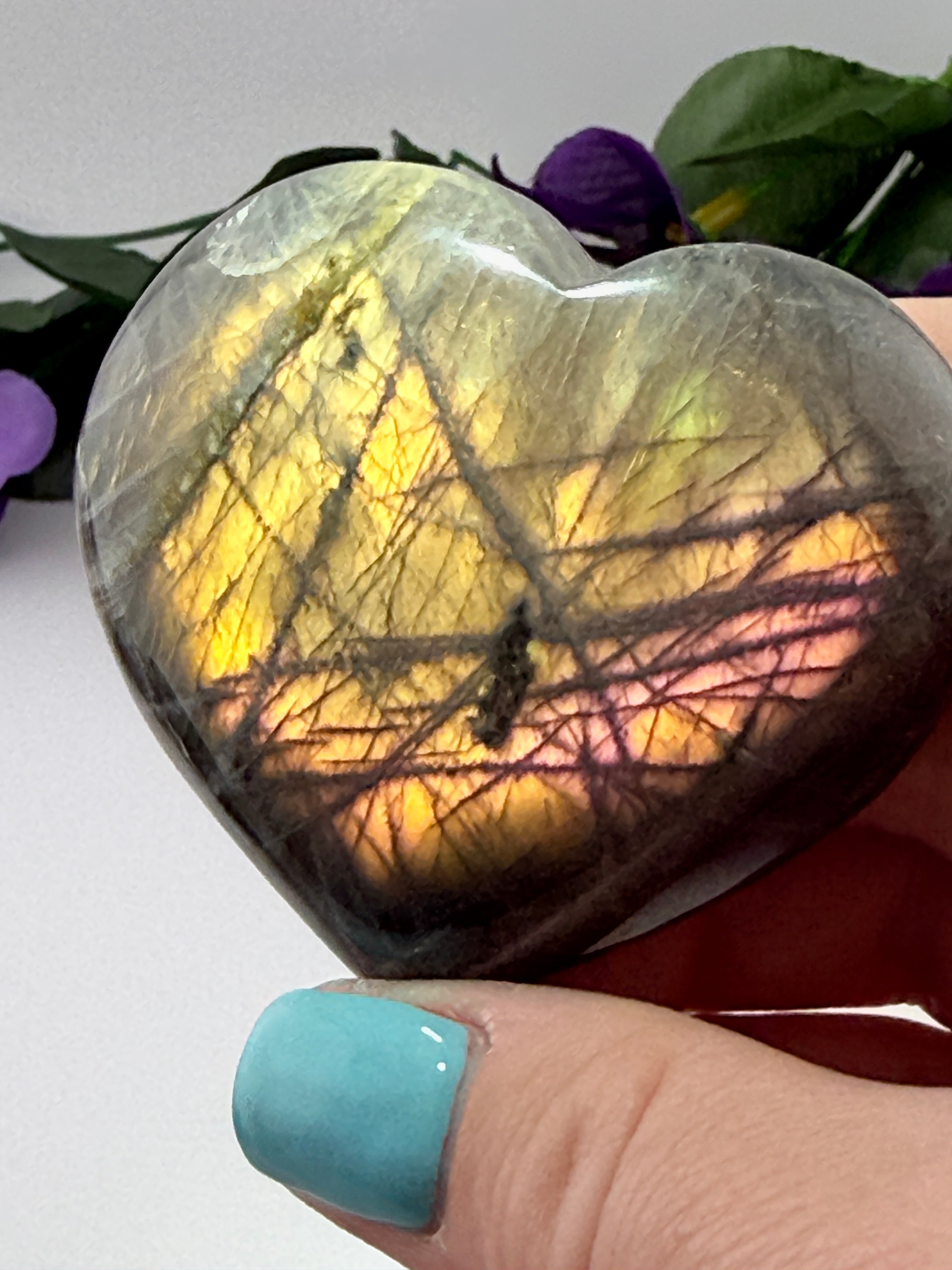 RARE Madagascar Sunset Pink Fire Labradorite Crystal Heart Stone - HIGH FLASH - NEW