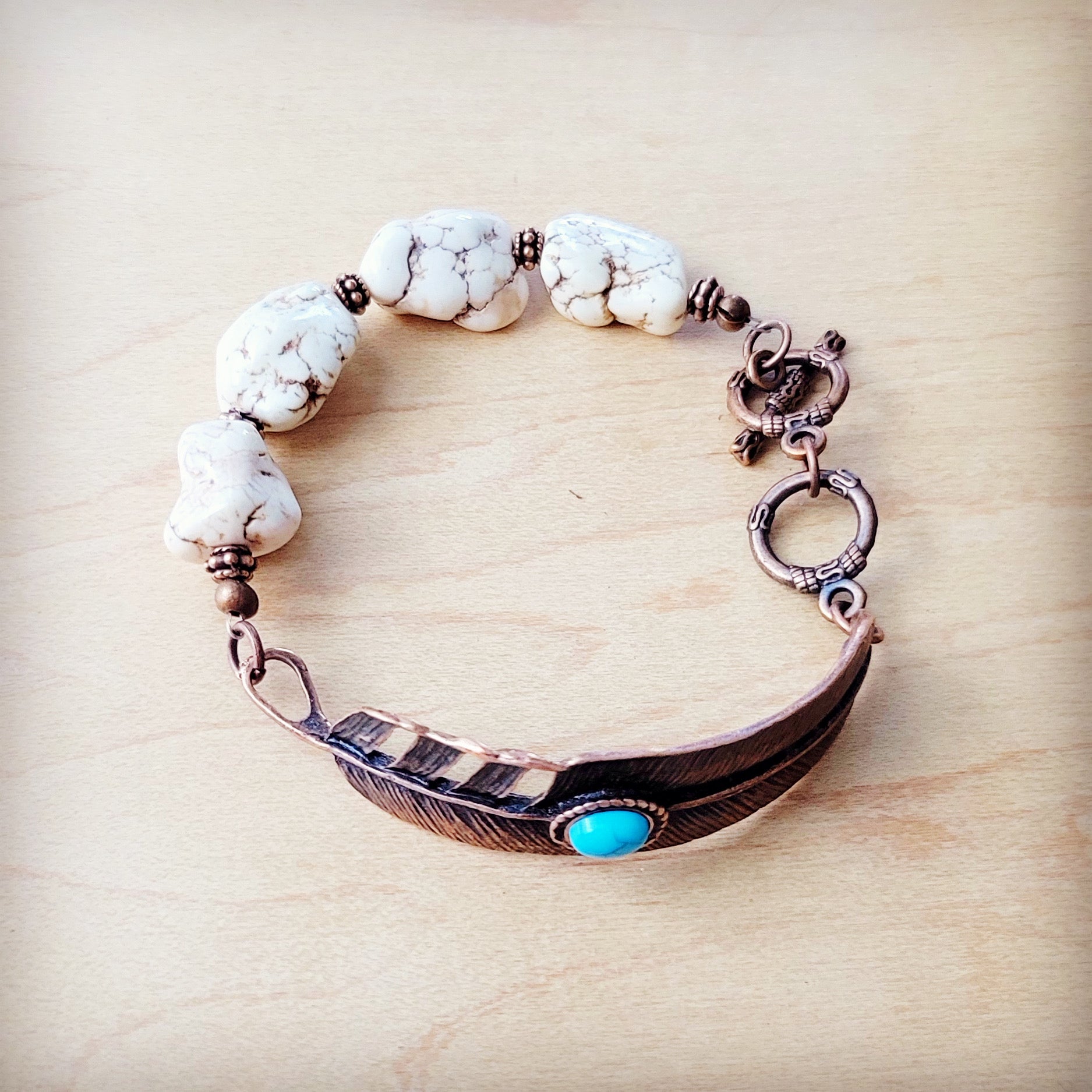 White Chunky Turquoise Beaded Bracelet on Copper Feather 810s