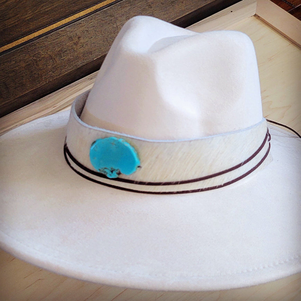 Wide Hair Hide Leather White Hat Band w/ Turq  954n