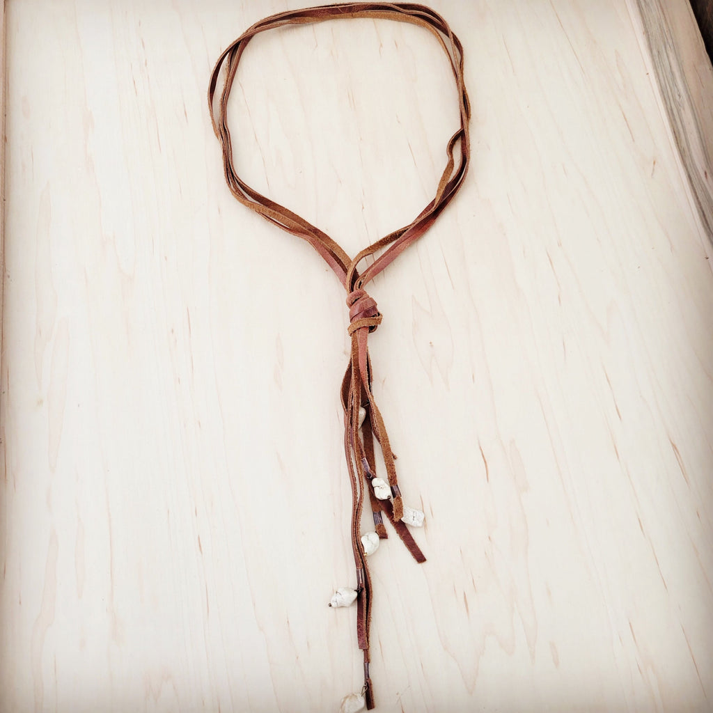 Rustic Knotted Leather Cord Necklace with White Turquoise 263L