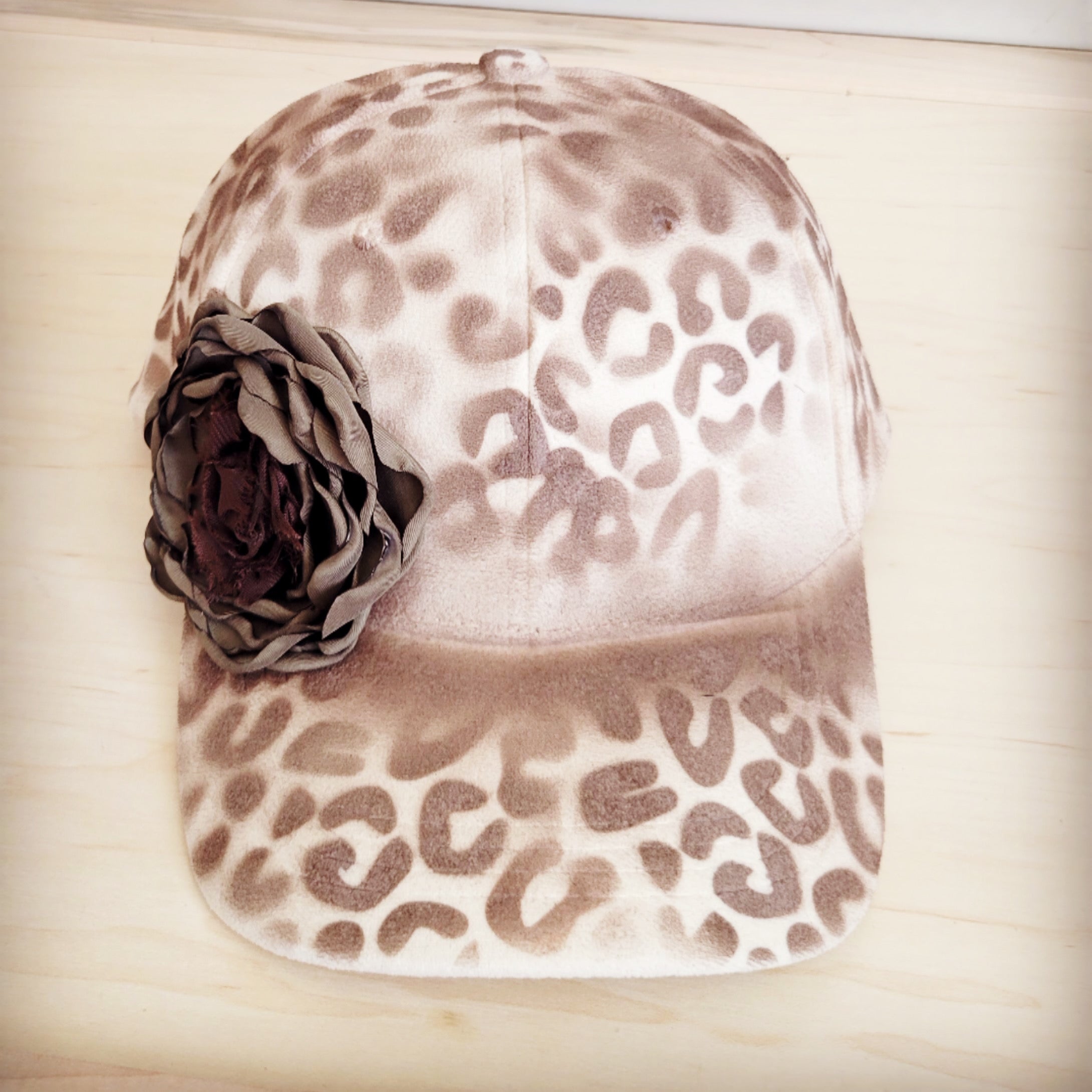Hand-Painted Leopard Suede Baseball Cap Ivory w/ Flowers 986v