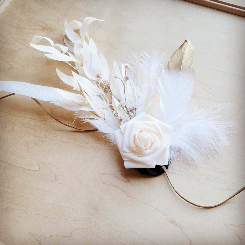 Boho Western Wedding Floral & Feather Bridal Hat in Tan 984k