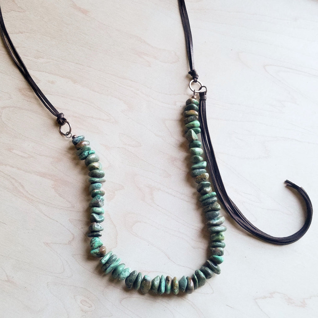 Natural Turquoise Necklace with Side-Tie Vegan Leather Tassel 245c