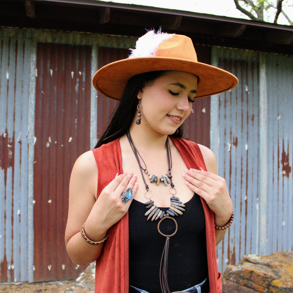 Picasso Jasper Necklace w/ Copper Hoop & Leather Tassel 261e