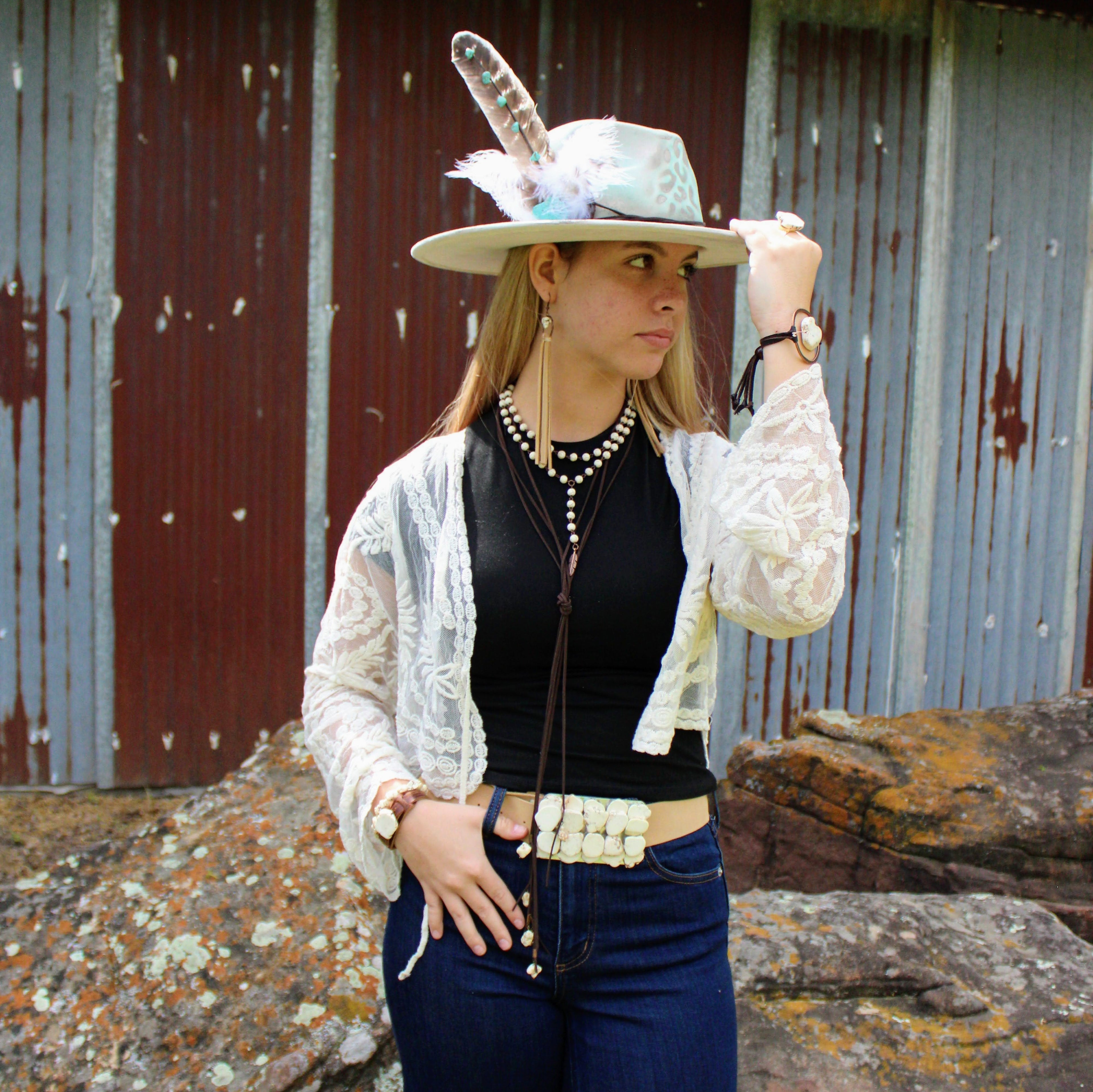 Double Strand Lariat White Turquoise Necklace w/ Copper Feather 259q