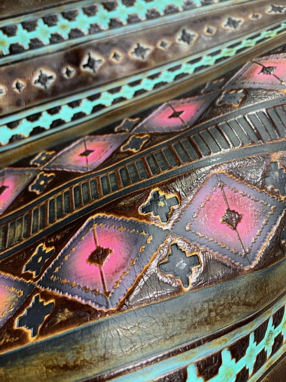 **Leather Oval Earrings in Magenta Navajo w/ Turquoise Accent 215L
