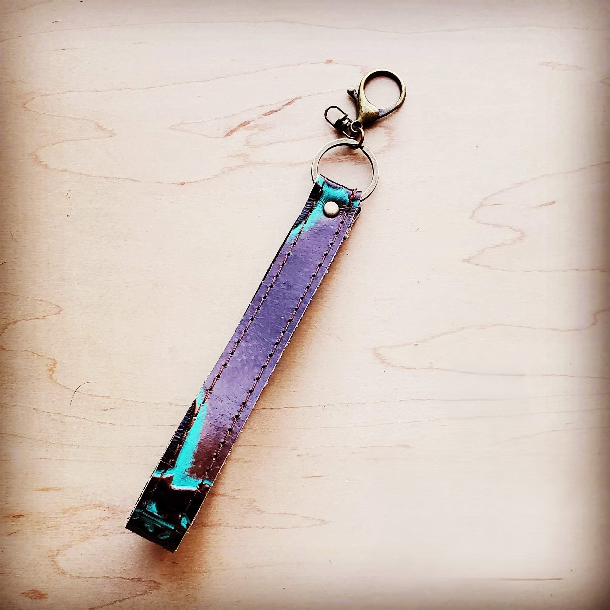 **Embossed Leather Key Chain Strap Turquoise Steer 701b