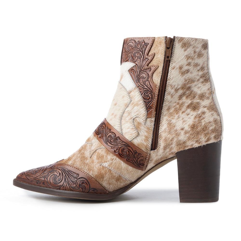 Myra Goldie Hairon Leather Boots for Women - Ankle Boots with Handtooled Leather Accents & Block Heels for Carnival Fun