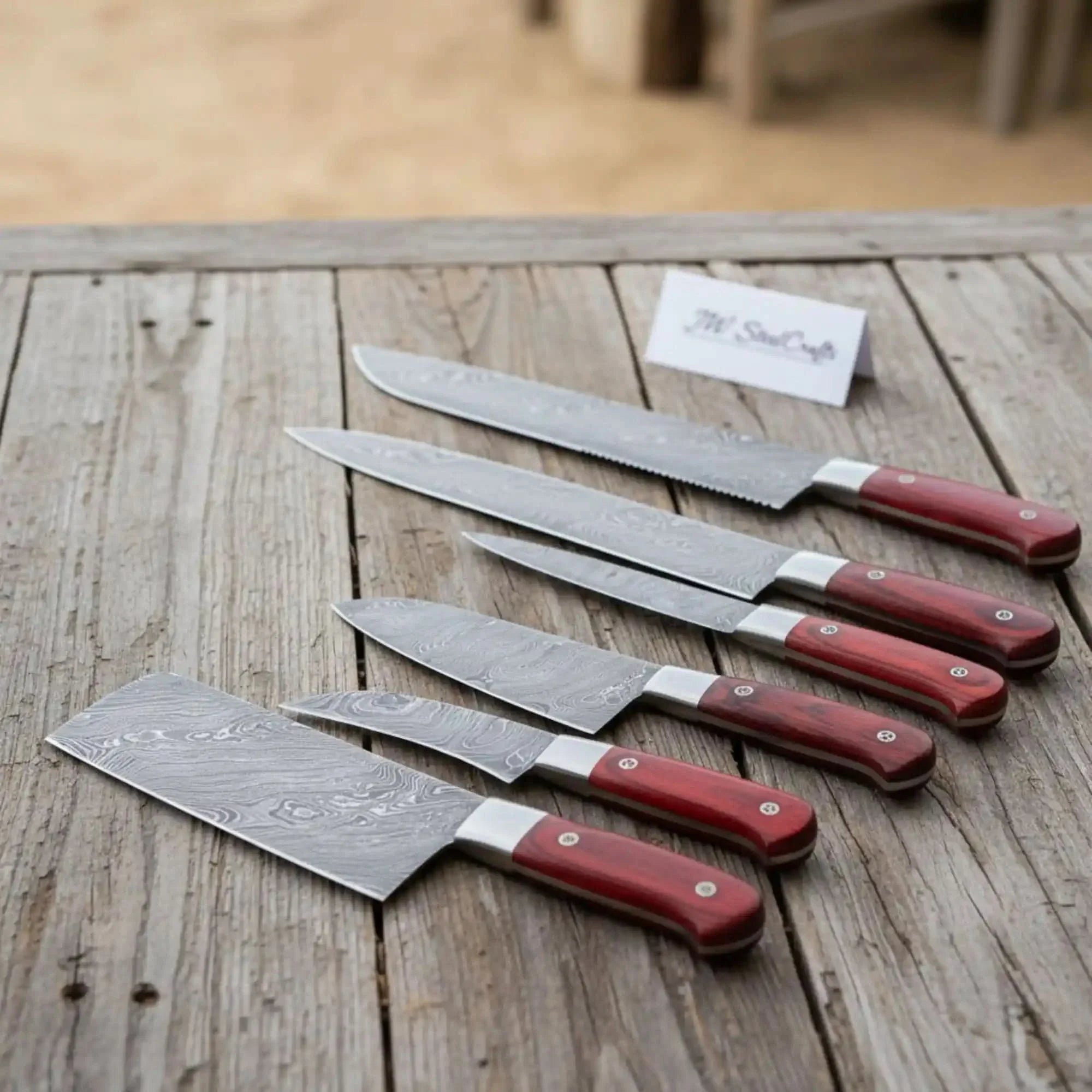 JW SteelCrafts 7 Piece Damascus Kitchen Knife Set, Paring Utility Santoku Chef Carving Bread Knife and Vegetable Cleaver, Handmade Damascus Steel Knife Set Red Wood Handle