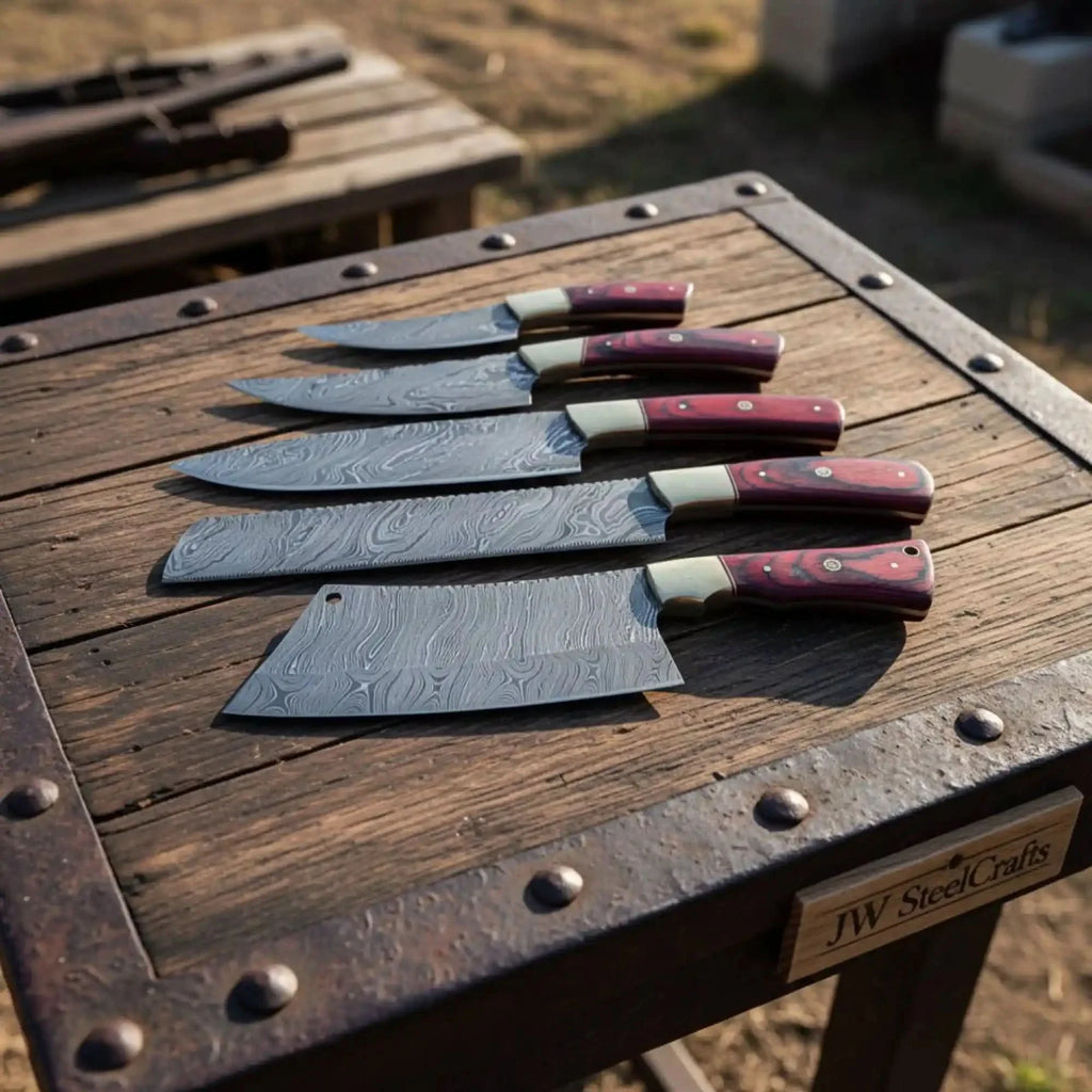 5-Piece Handmade Damascus Kitchen Knife Set – Red Pakkawood Handles & Brass Bolsters | Chef, Santoku, Bread, Utility & Cleaver