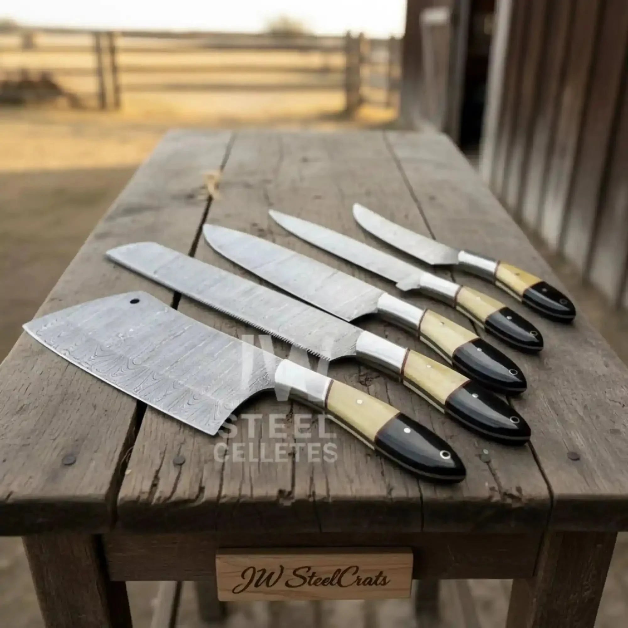 Damascus Chef Knife Set – 5-Piece Camel Bone & Black Micarta Handle Collection