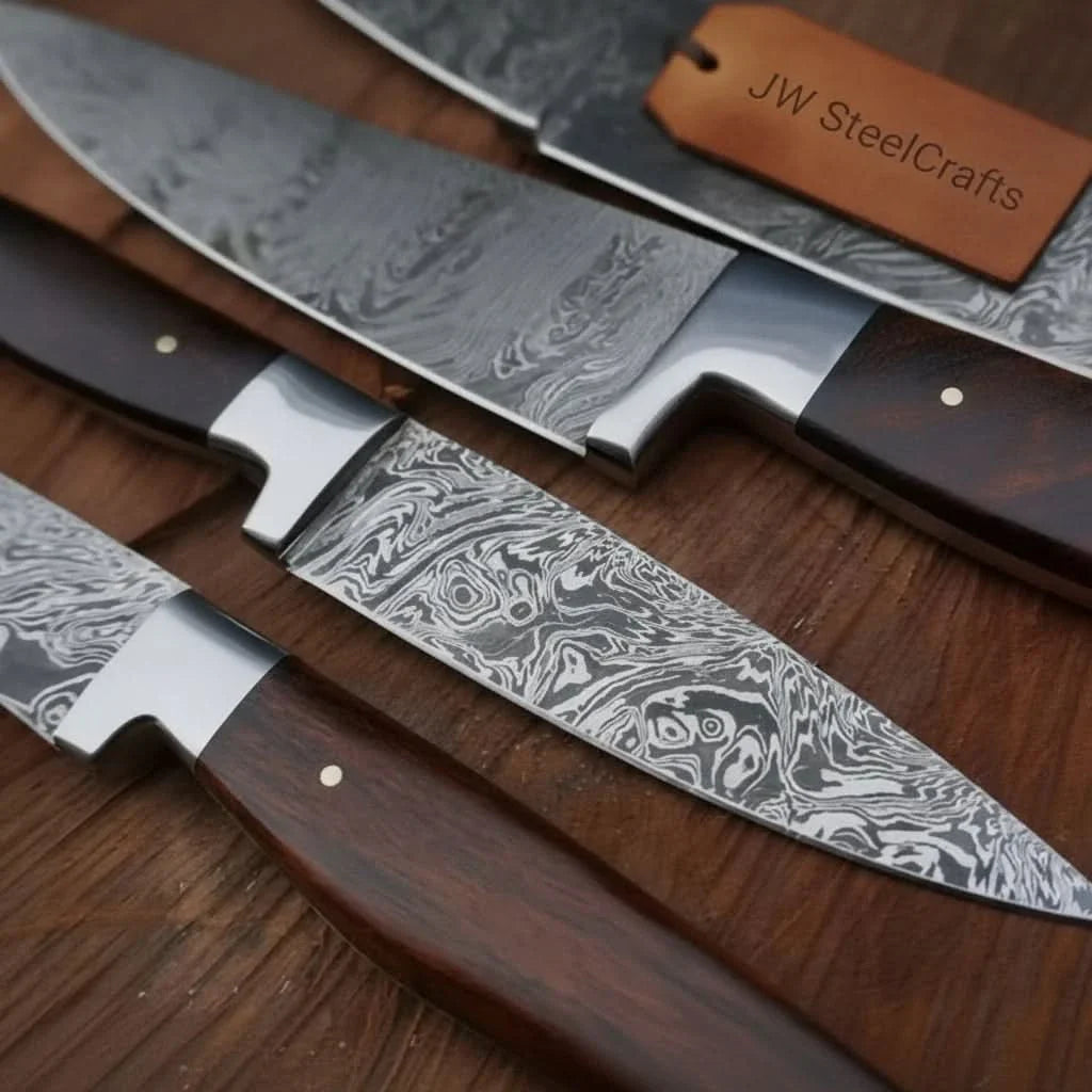 Handmade Damascus Kitchen Knife Set with Walnut Wood Handle - Professional Chef's Knives