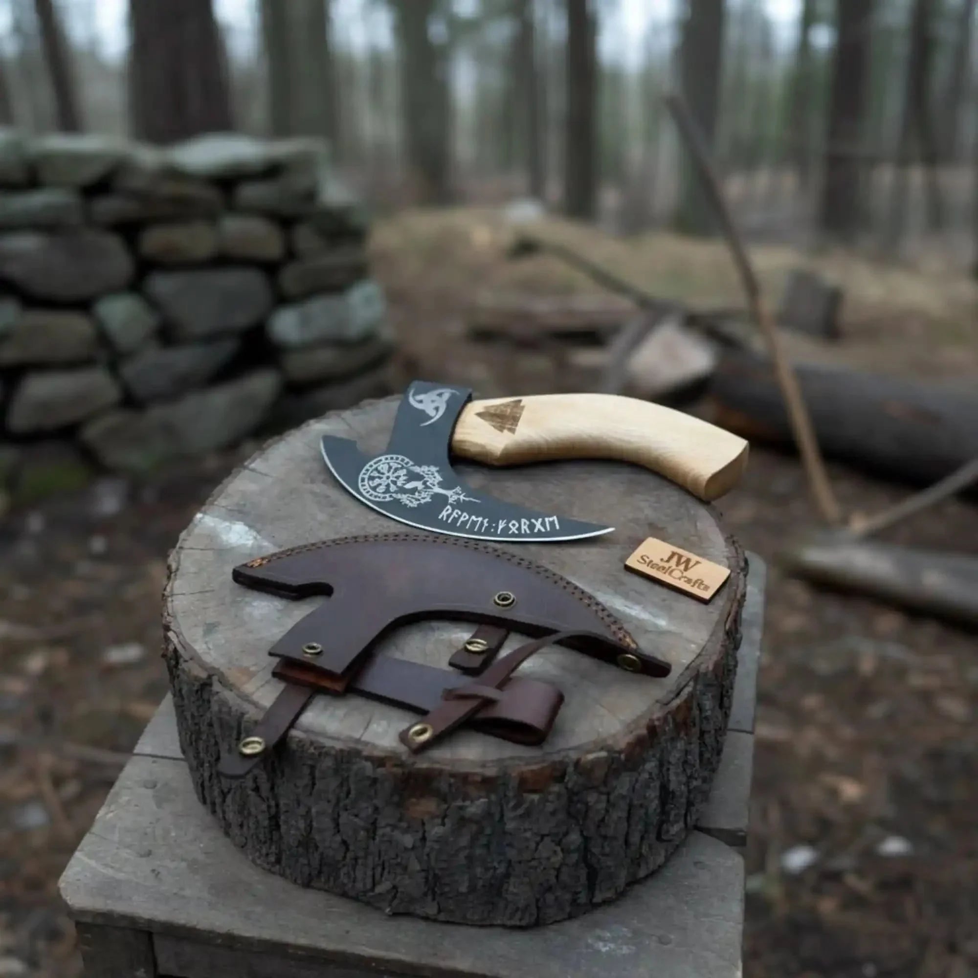 Product: Viking Style Engraved Bearded Axe – Oak Wood Handle