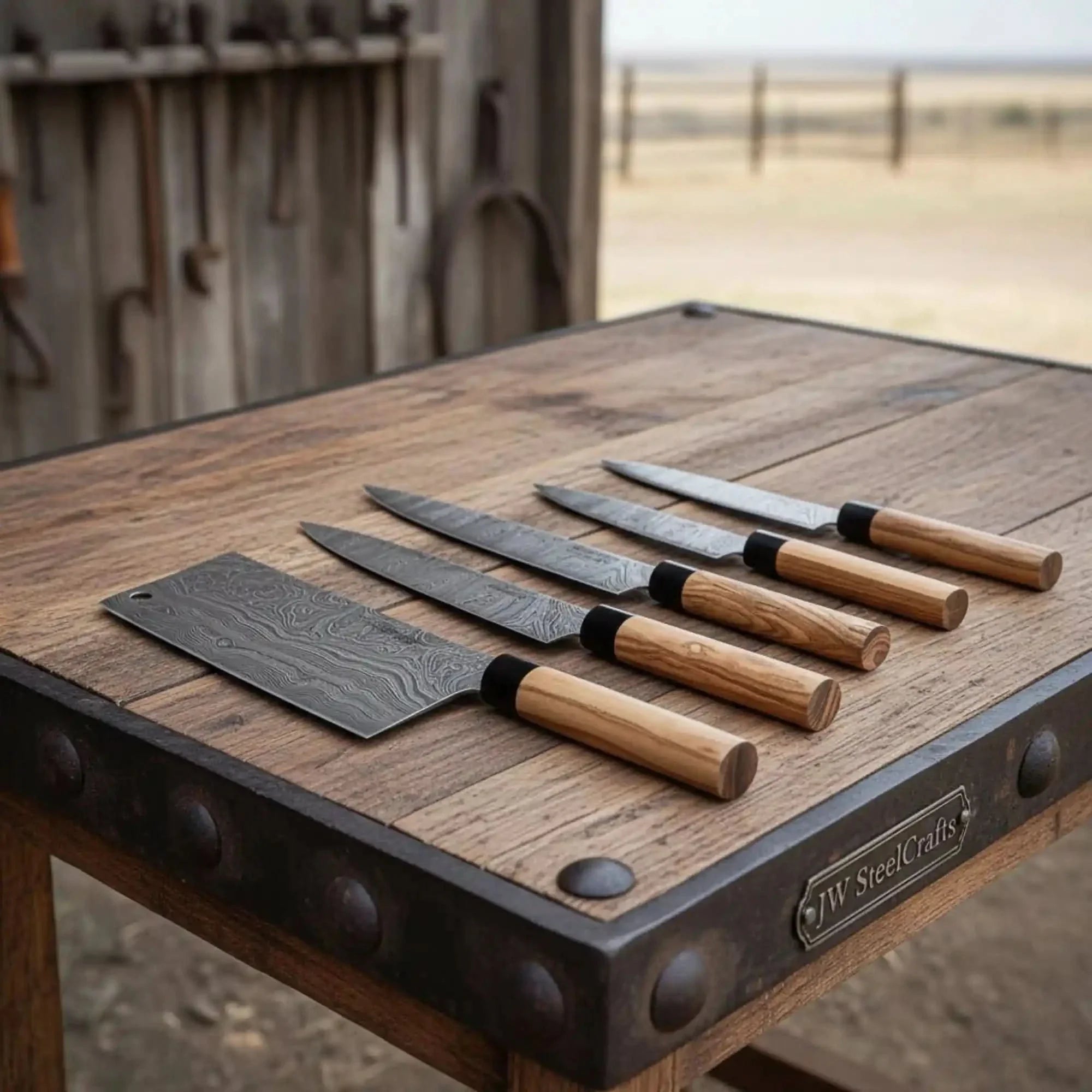 Handmade Damascus Steel Kitchen Knife Set with Olive Wood Handles - 4 Piece Set