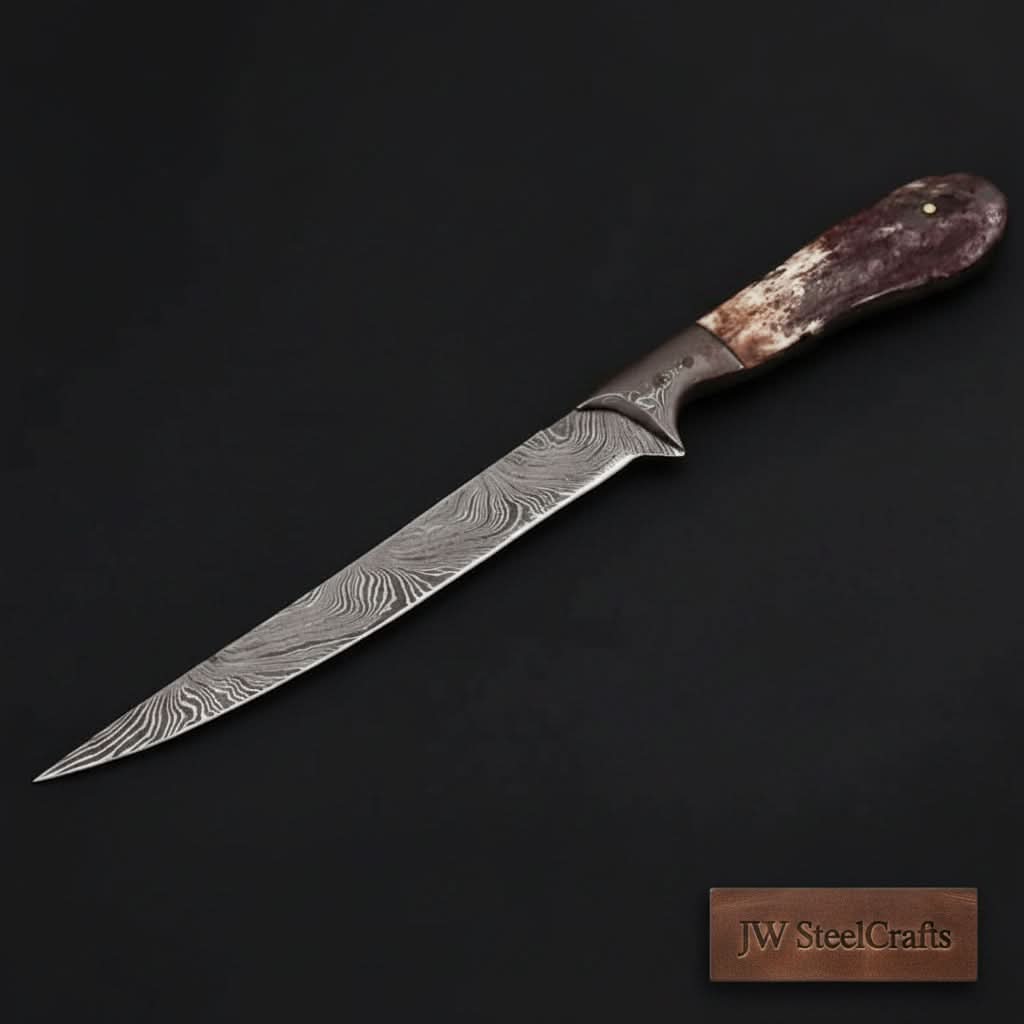 Custom Handmade Damascus Steel Boning Knife With Colour Bone Handle  with Leather Sheath DK-0045