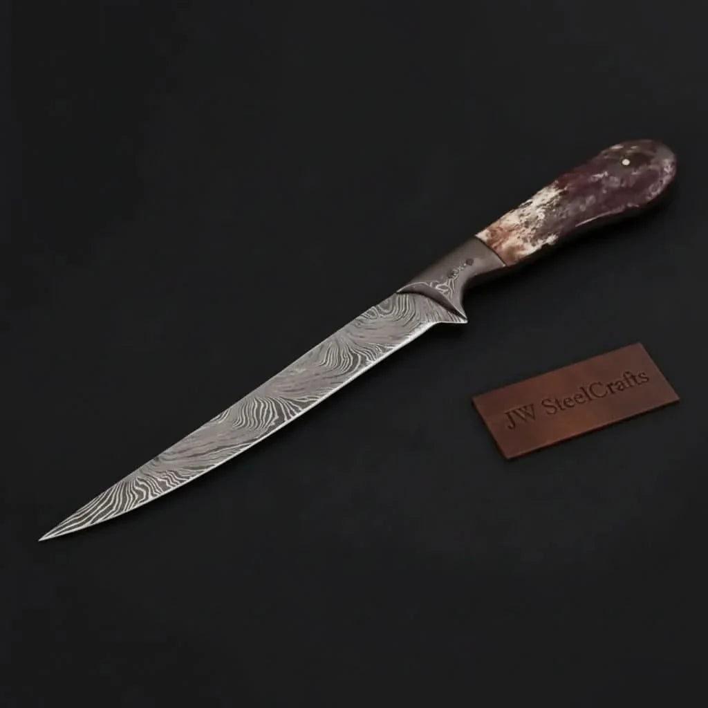 Custom Handmade Damascus Steel Boning Knife With Colour Bone Handle  with Leather Sheath DK-0045
