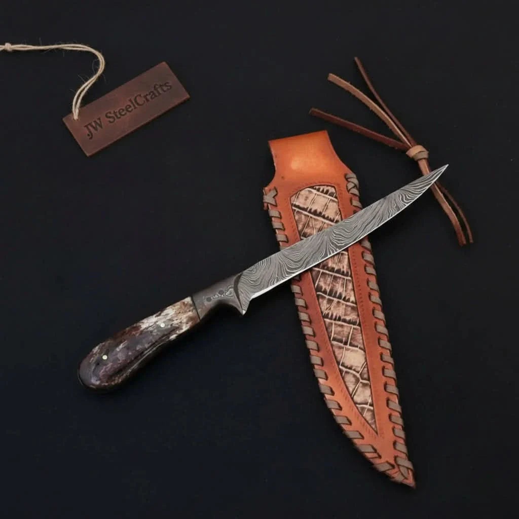 Custom Handmade Damascus Steel Boning Knife With Colour Bone Handle  with Leather Sheath DK-0045