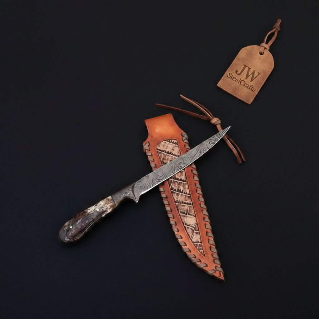 Custom Handmade Damascus Steel Boning Knife With Colour Bone Handle  with Leather Sheath DK-0045