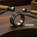 Mens Damascus Steel Wedding Band Wide Multi Groove Pattern Ring