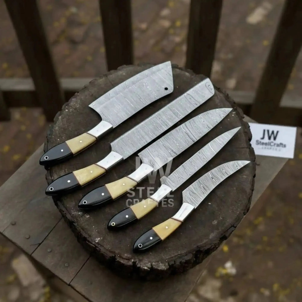 Damascus Chef Knife Set – 5-Piece Camel Bone & Black Micarta Handle Collection
