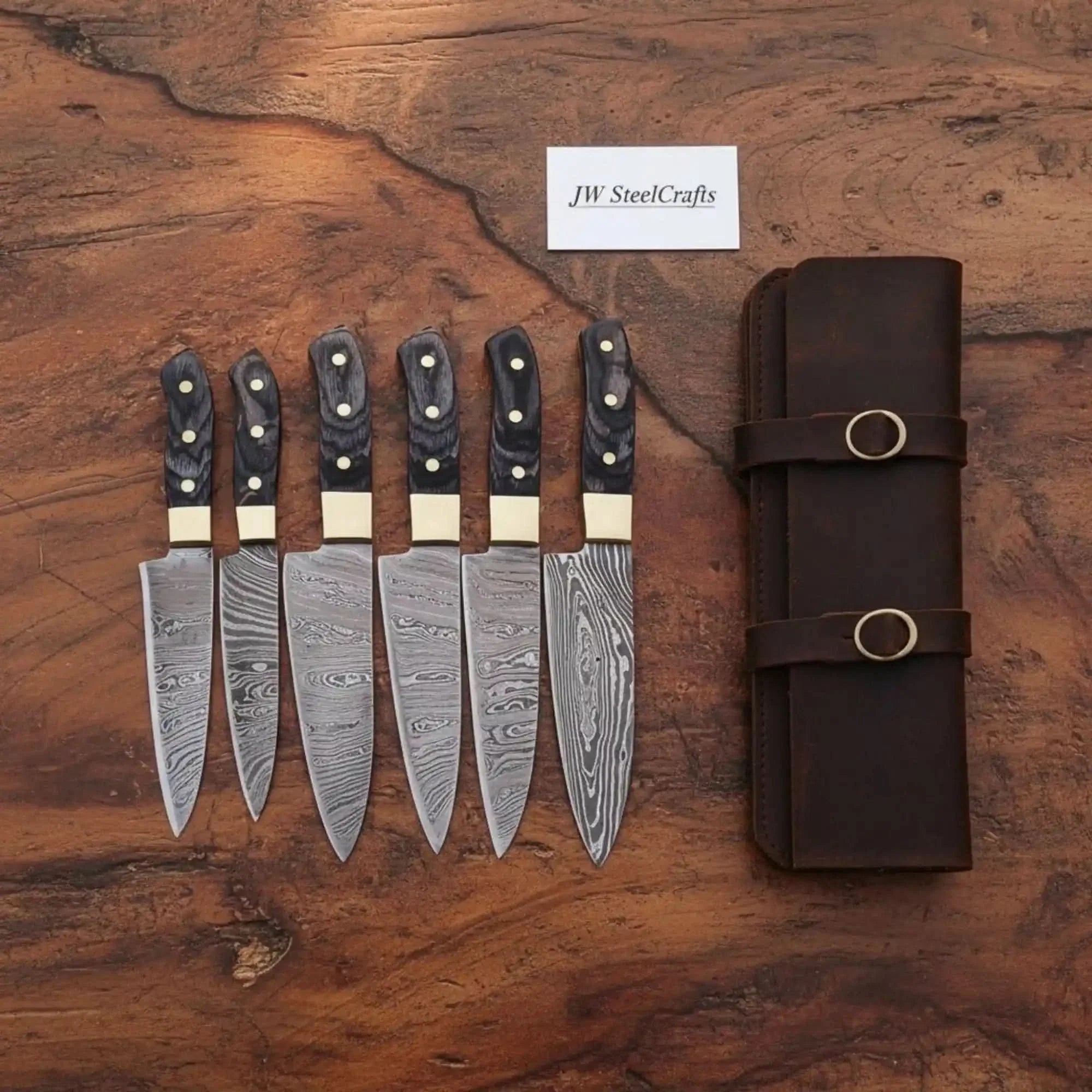 Handmade Damascus Knife Set, Chef Santoku Paring Knives, Pakka Wood Cutlery