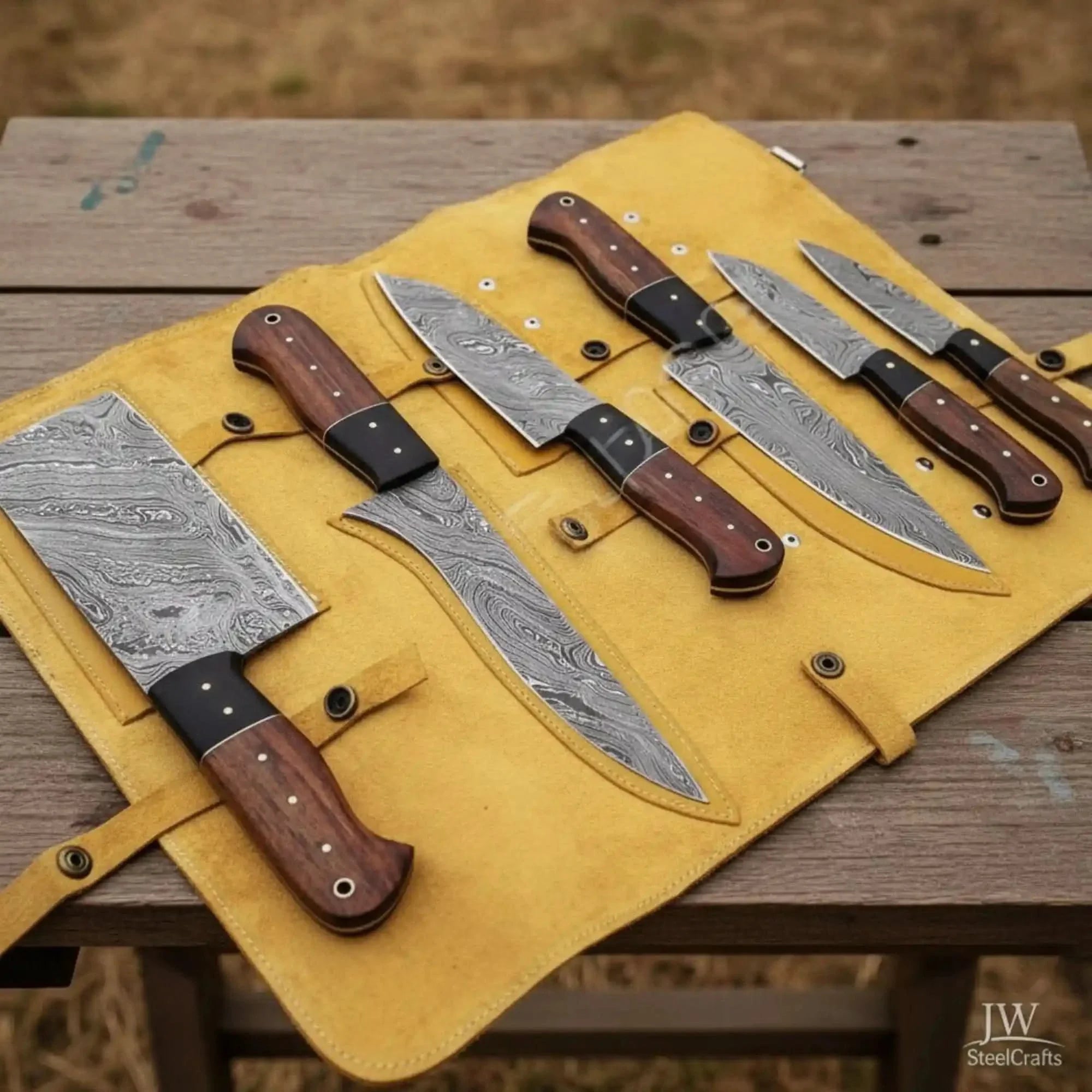 6-Piece Damascus Kitchen Set: Cleaver, Chef, Utility & Skinner Blades with Rosewood Handles