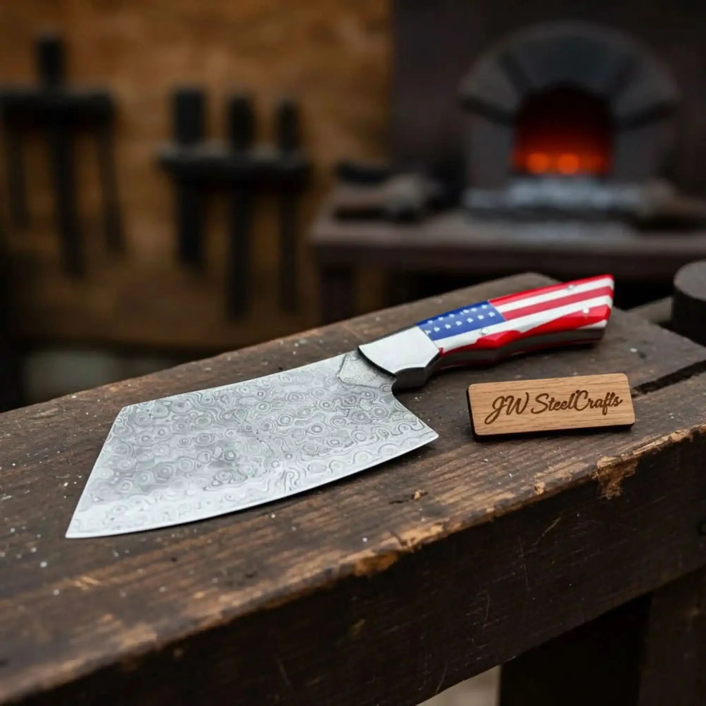 Damascus Steel Cleaver Knife with USA Flag Resin Handle | Handmade Kitchen Utility Knife