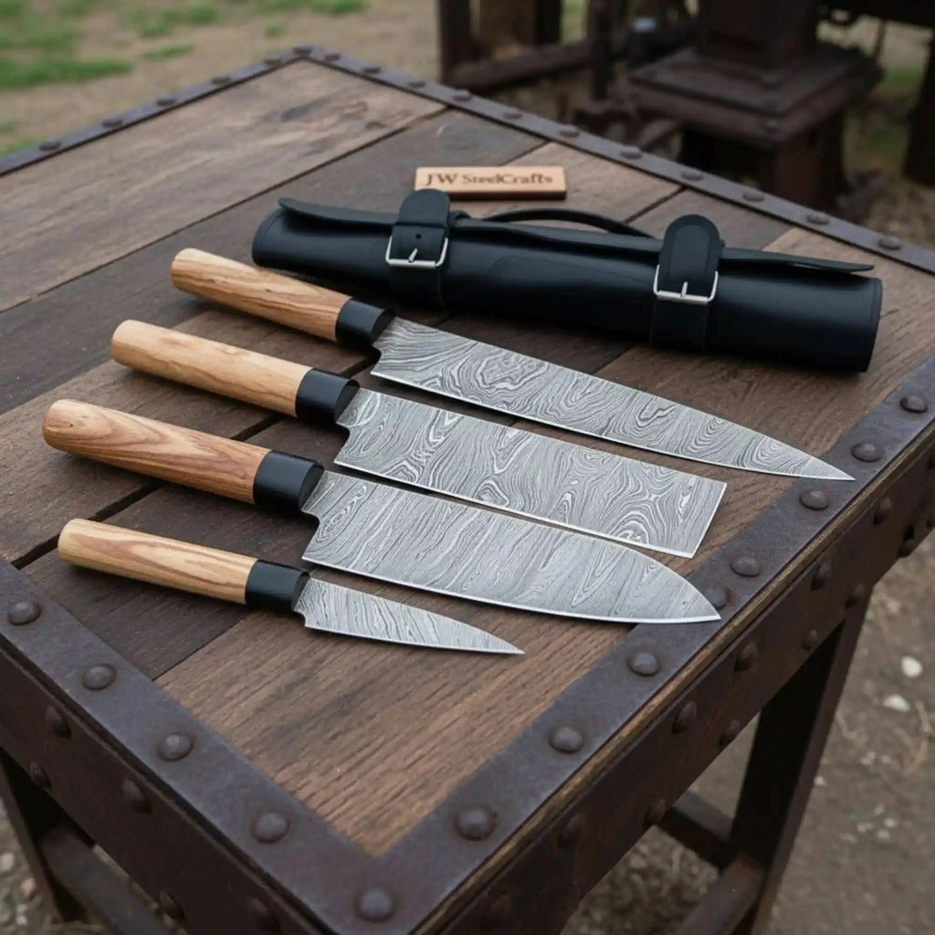 Handmade Damascus Steel Kitchen Knife Set with Olive Wood Handles - 4 Piece Set