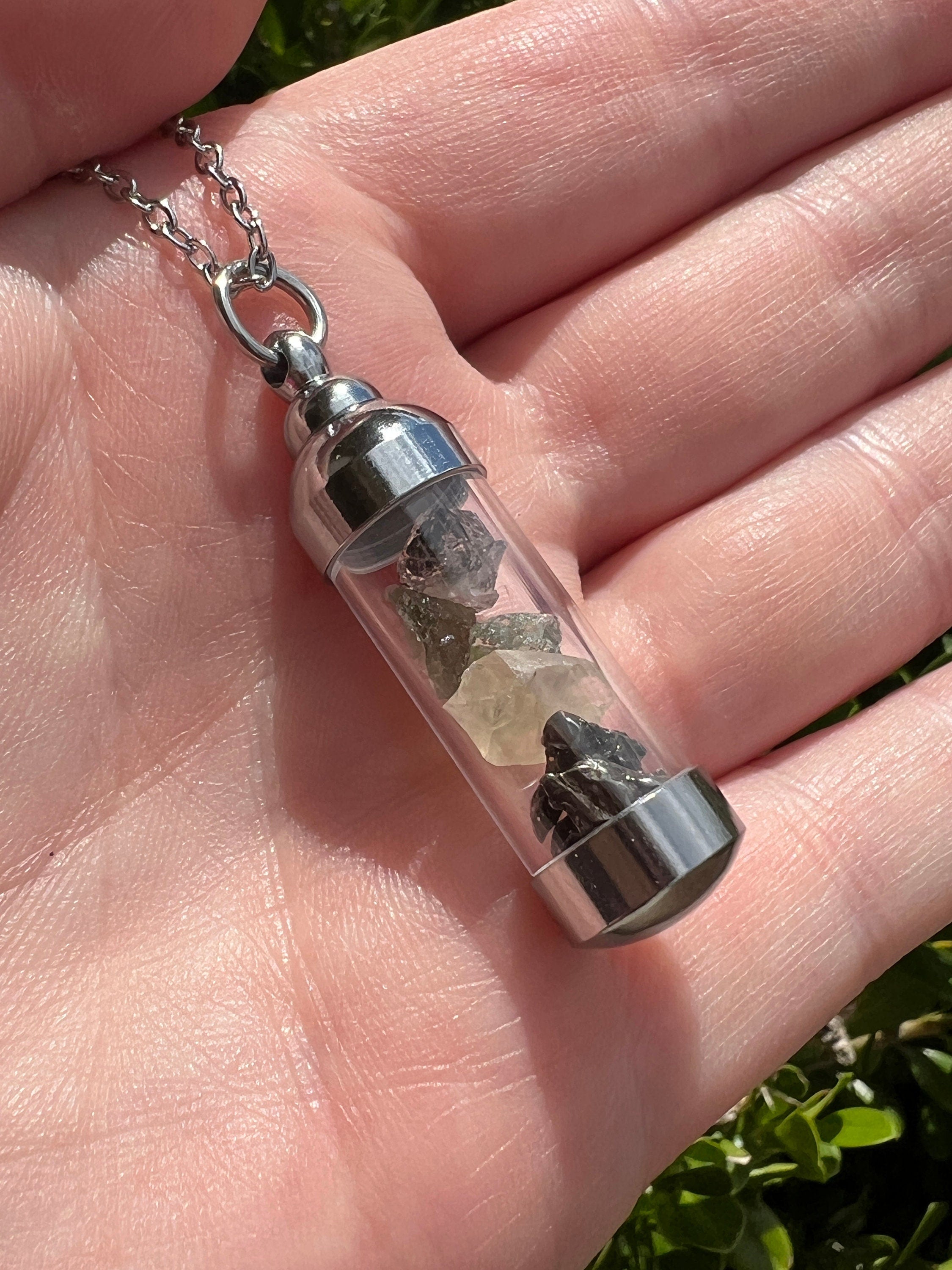 Moldavite Herkimer Diamond Meteroite Libyan Desert Glass Pendant | Iron Campo del Cielo Raw Tektite Jewelry Vial Necklace | Transformation
