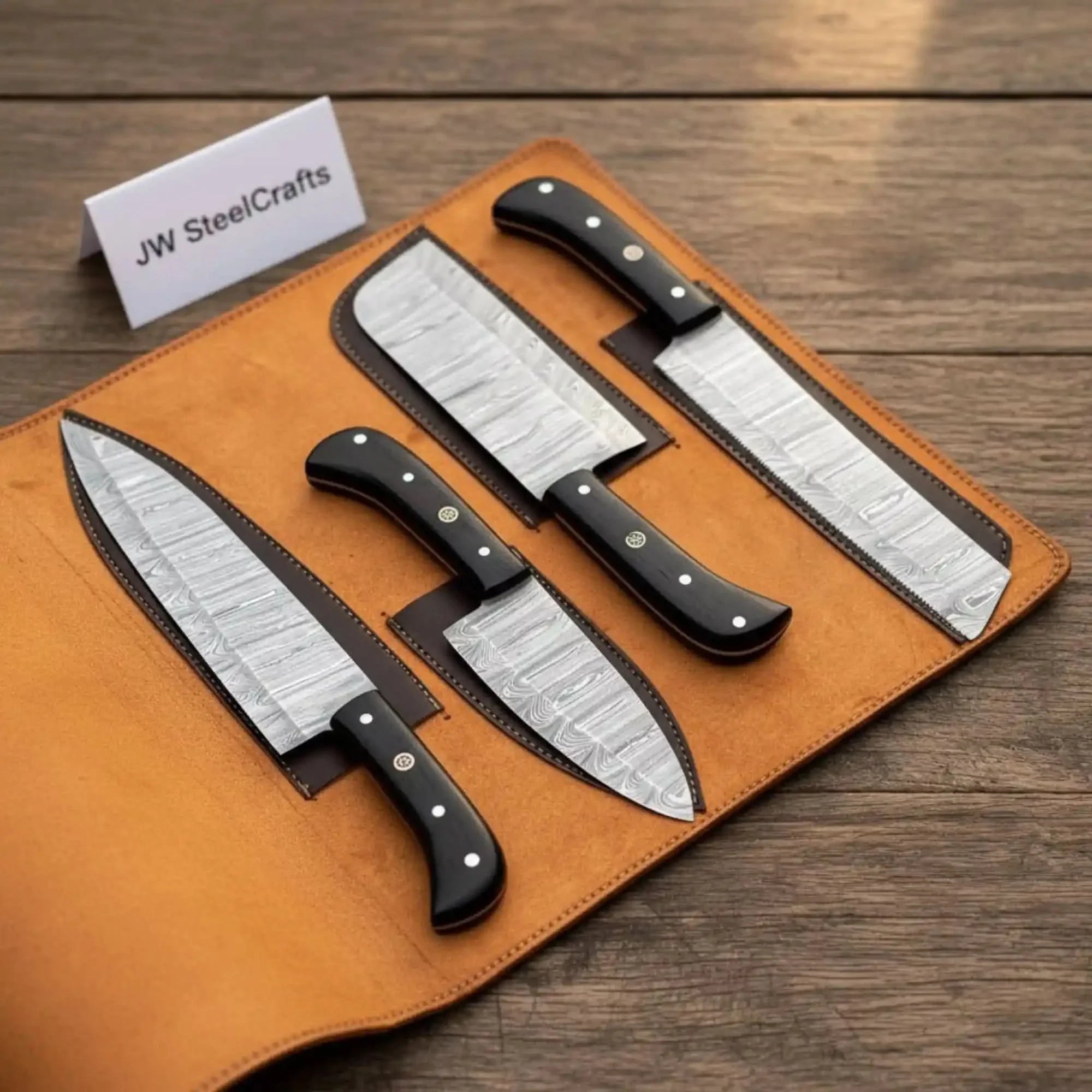 5-Piece Stainless Steel Chef Knife Set with Leather Roll | Ebony Wood Handle Knives