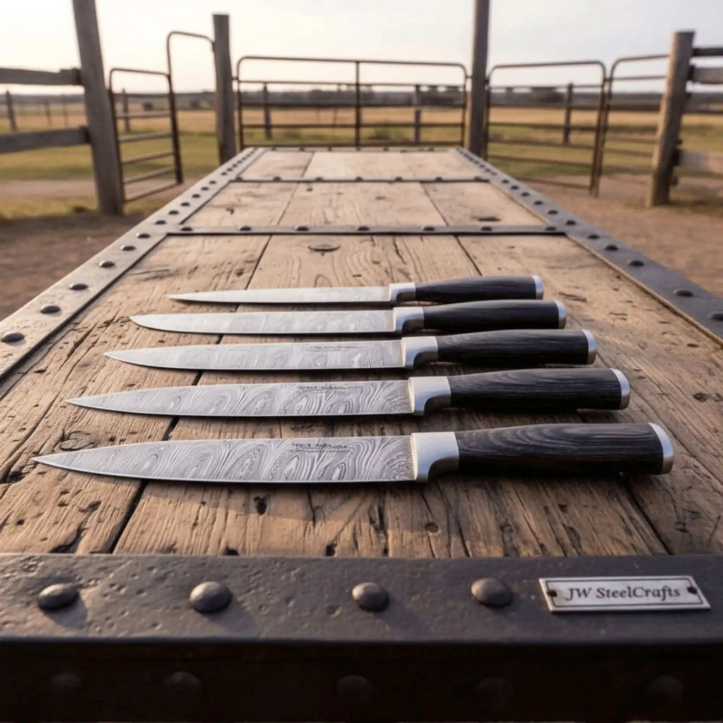 Handcrafted Damascus Knife Set of 6 Black Wood Handles Full Tang Chef, Bread, Utility Slicing Knives