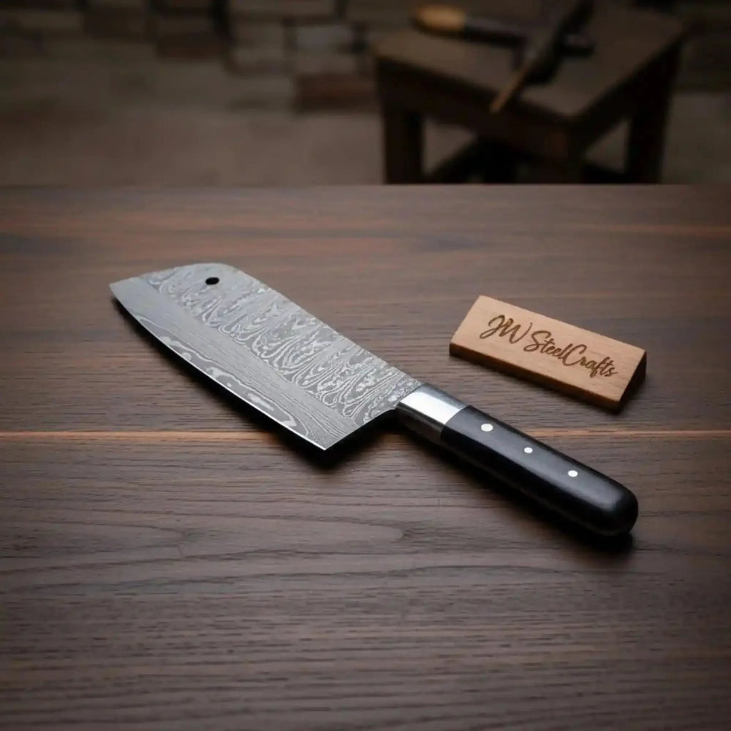 7-Inch Damascus Cleaver Knife with Twisted Blade Grey Pakka Wood Handle