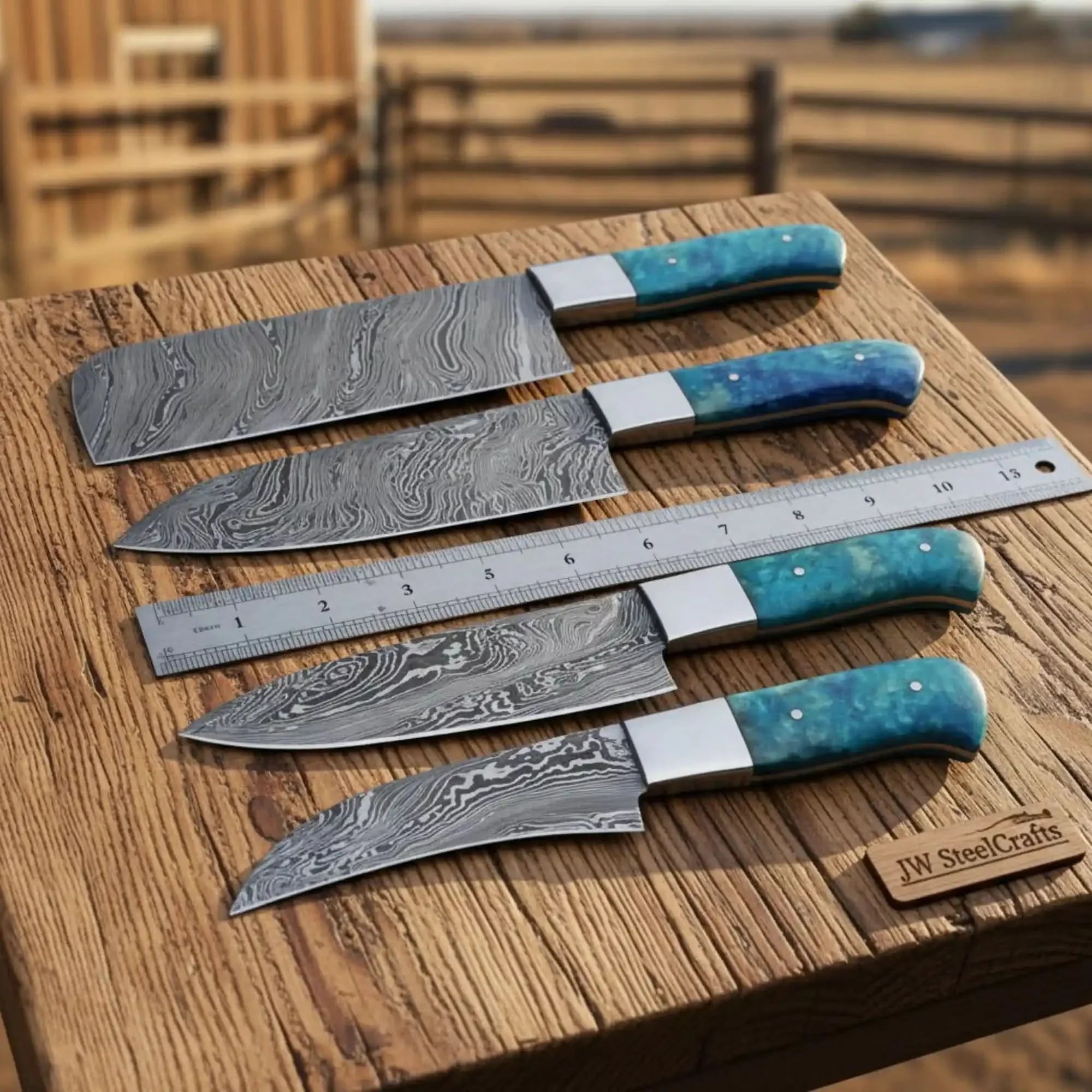 Twisted Damascus Kitchen Knife Set — Nakiri & Cleaver Collection, Blue Resin Handle, Steel Bolster