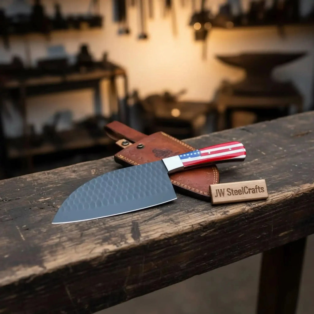 Damascus Ko-Santoku Knife with Hammered Blade and USA Flag Handle