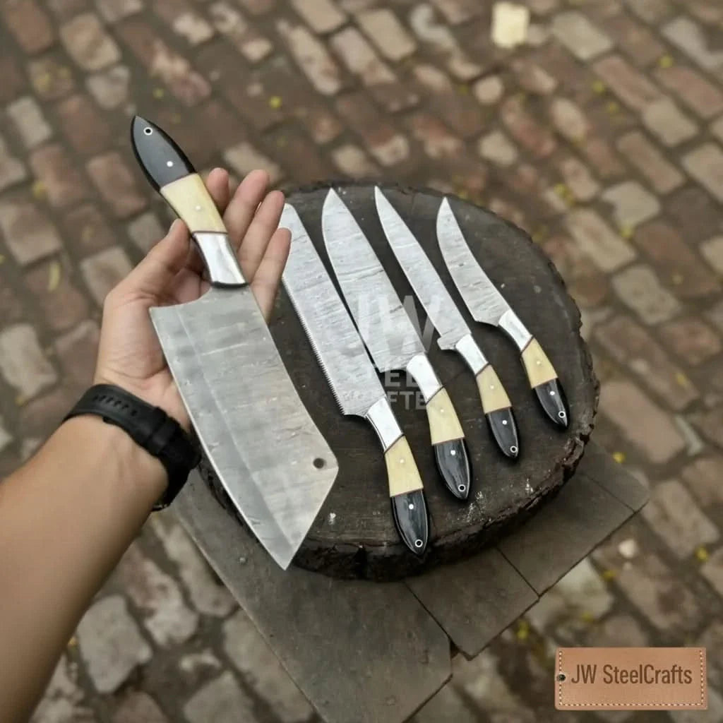 Damascus Chef Knife Set – 5-Piece Camel Bone & Black Micarta Handle Collection
