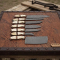 7-Piece Handmade Damascus Kitchen Knife Set with Bone Handle and Leather Roll