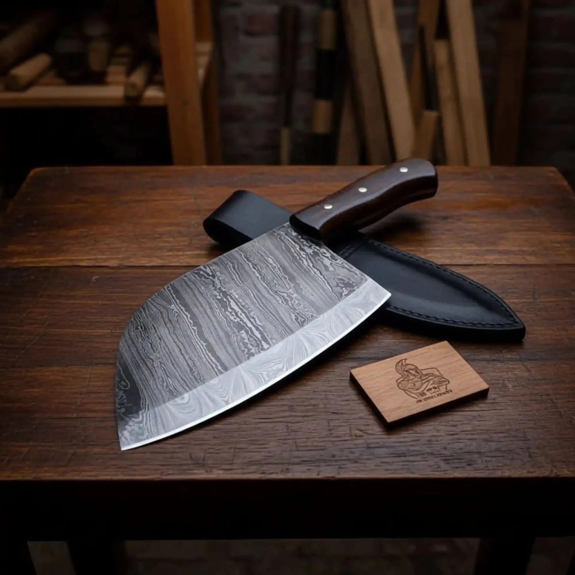 Hand-Forged 7-Inch Damascus Cleaver Knife with Rosewood Handle (12-Inch Overall)